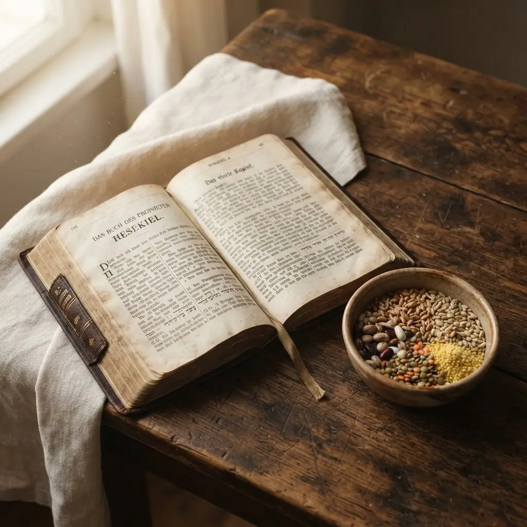 Aufgeschlagene Bibel neben einer Schale mit gemischten biblischen Körnern