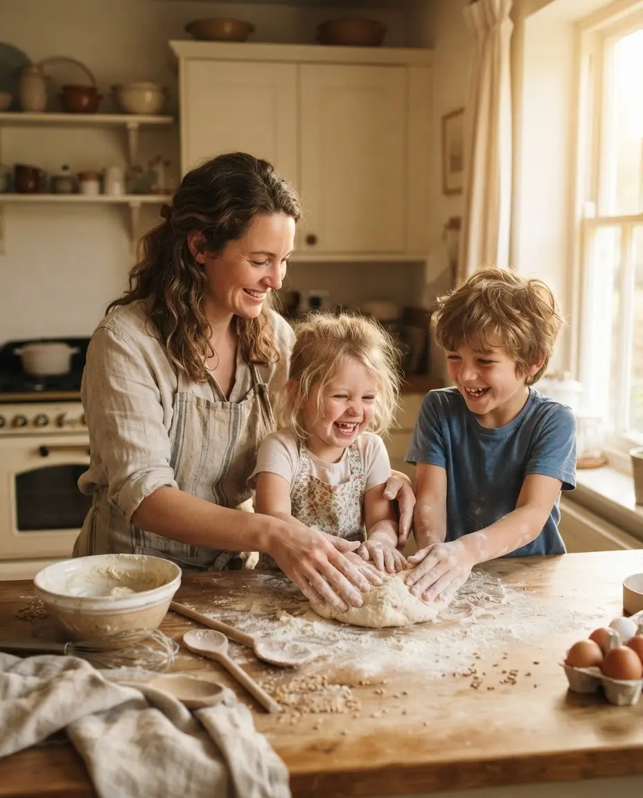 Eltern und Kinder backen gemeinsam Bibel-Brot